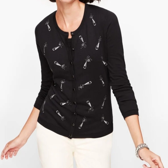 NWT Talbots Charming Cardigan Champagne Bottles Black Holiday Cotton Blend Sz Mp - Picture 1 of 11